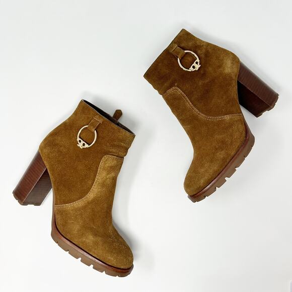 Tory Burch Sofia 85mm Lug Sole Suede Gold Hardware Logo Stacked Heel Bootie US 8 - Picture 2 of 10